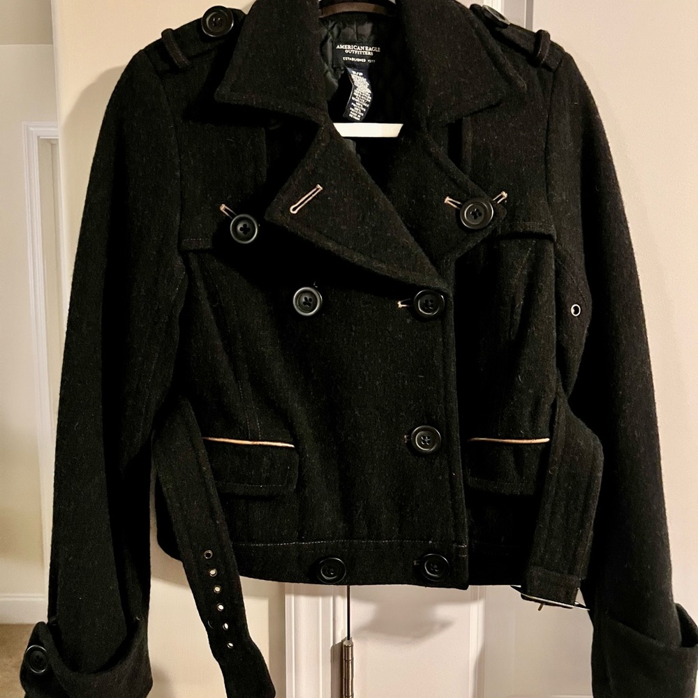 American Eagle Outfitters women's Black Double-Breasted Jacket Peacoat